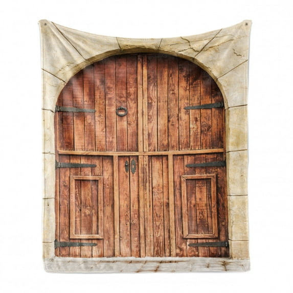 Rustic Soft Flannel Fleece Blanket, Traditional Oak Crafted Doorway on Stone Facade Artisan Hand Made Features Culture, Cozy Plush for Indoor and Outdoor Use, 70" x 90", Cream Brown, by Ambesonne