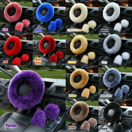Mesh Steering Wheel Cover - 3PCS Fashion Wool Plush Non-slip Car Steering Wheel Cover Protector + Gear Knob Shifter Parking Brake Cover Set Car Accessories Decor Birthday Gift 14.2