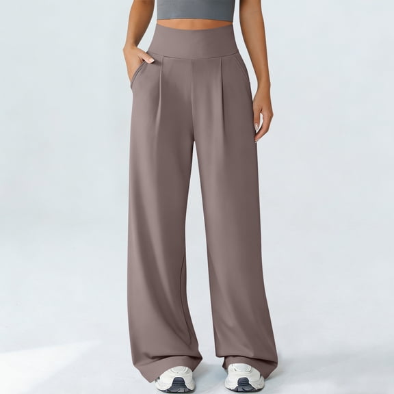 Ounisa Women's Wide Leg Pants Elastic High Waist Casual Pants Pleated Front Palazzo Trousers Solid Yoga Pant with Pockets
