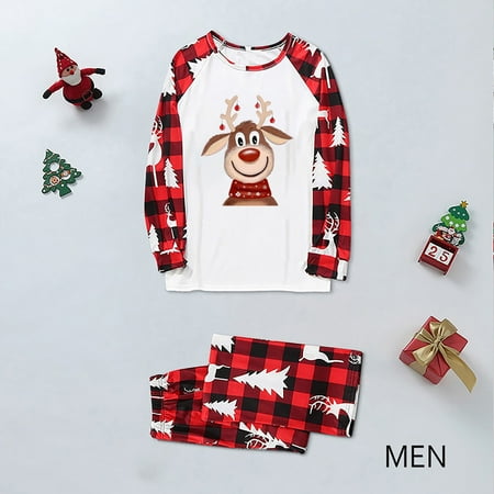 

Christmas Gifts Matching Family Pajamas Sets Christmas Print Top And Plaid Pants Homewear for Dad Imitation Cotton White L