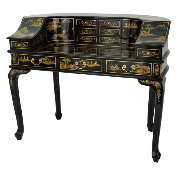 Oriental Furniture Black Lacquer Desk, Landscape Design