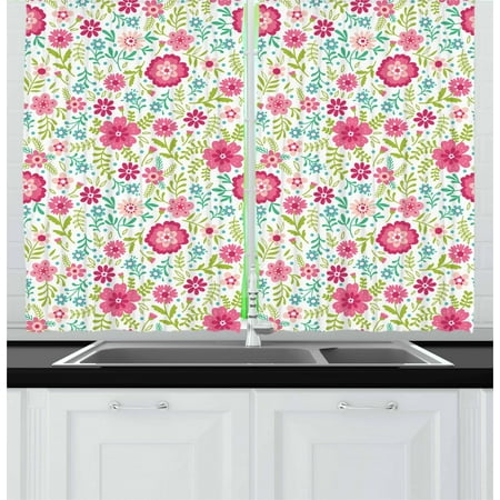 Light Turquoise Curtains Spring Curtains 2 Panels Set, Blossoming Field with Fern Branches Leaves and Flowers Ornamental, Window Drapes for Living Room Bedroom, 55W X 39L Inches, Pink Lime Green Turquoise, by Ambesonne ()