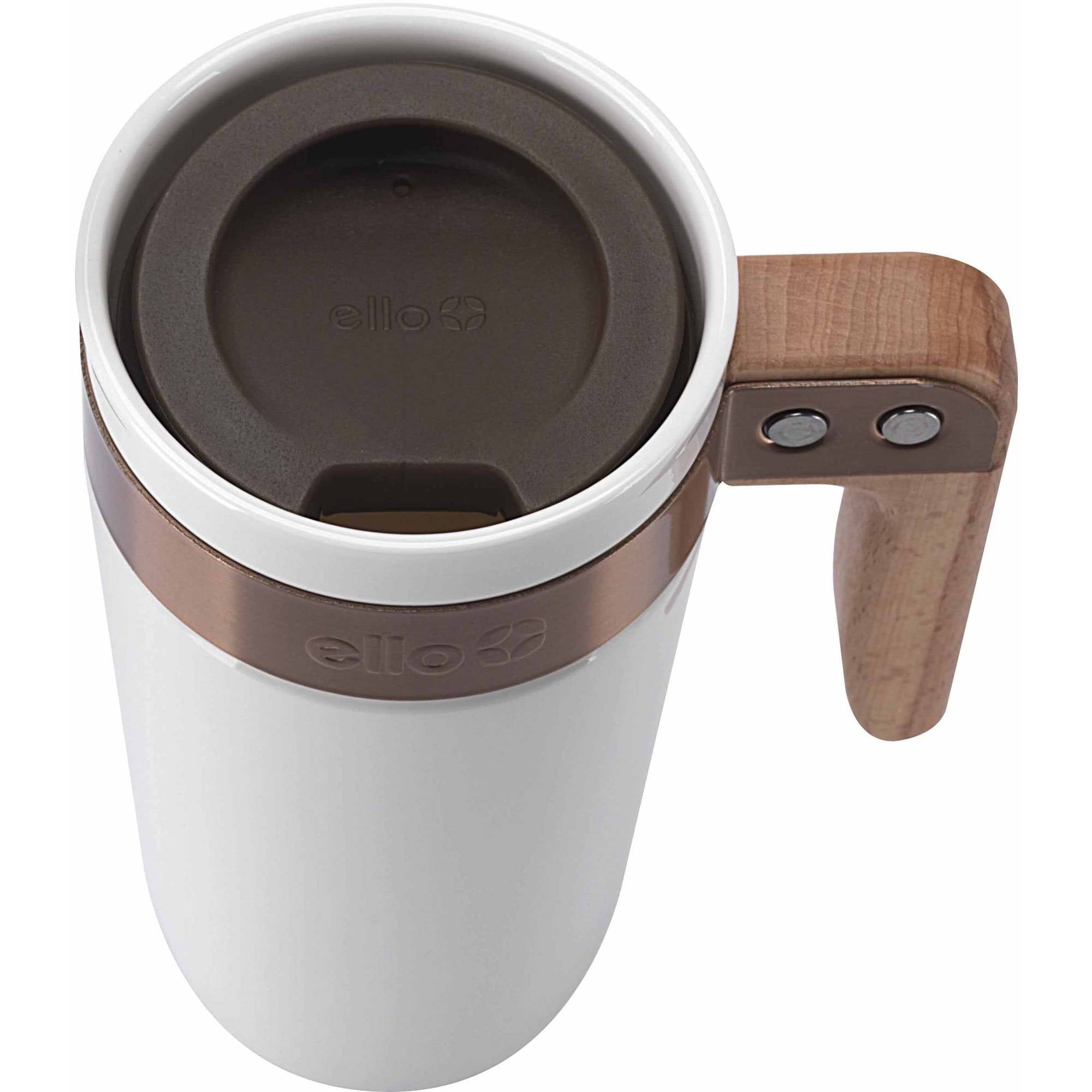Ello Ceramic TRAVEL MUG Wooden Handle Coffee Mug Tea Cup White Brown Lid