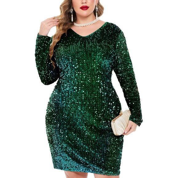 IN'VOLAND Womens Sequin Dress Plus Size V Neck Party Cocktail Sparkle Glitter Evening Stretchy Mini Bodycon Dresses Green