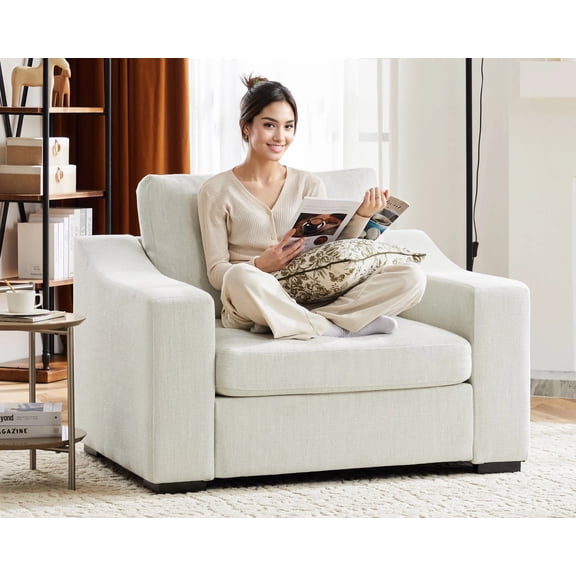 JULY'S SONG 47" W Accent Chair and A Half, Modern Oversized Reading Chair for Bedroom Room, Linen Fabric Living Room Chairs in Extra Wide Seat, Comfy Chair with Washable Covers, Cream White