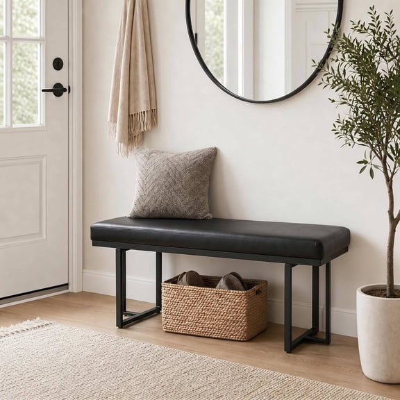 45" Black Modern Upholstered Entryway Bench with Metal Legs