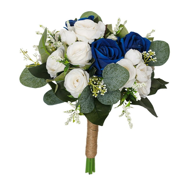Ramo de boda, ramo de novia, flores decorativas de seda, flores artificiales románticas para decoración de centros de mesa de boda Azul
