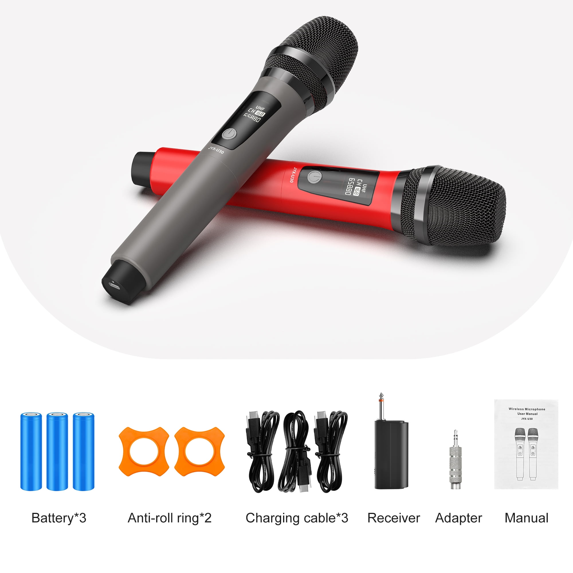 JAUYXIAN Wireless Microphones, Dual Handheld Dynamic Microphones for Karaoke, Professional Microphone for Singing, Speech