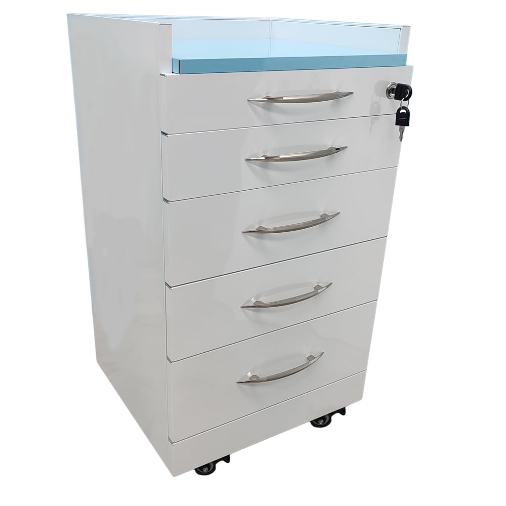 4 Drawers Dental Assistant Mobile Cabinet Office File Storage Cart Lockable Moving Side Cabinet with Lock and 2 Pallets White