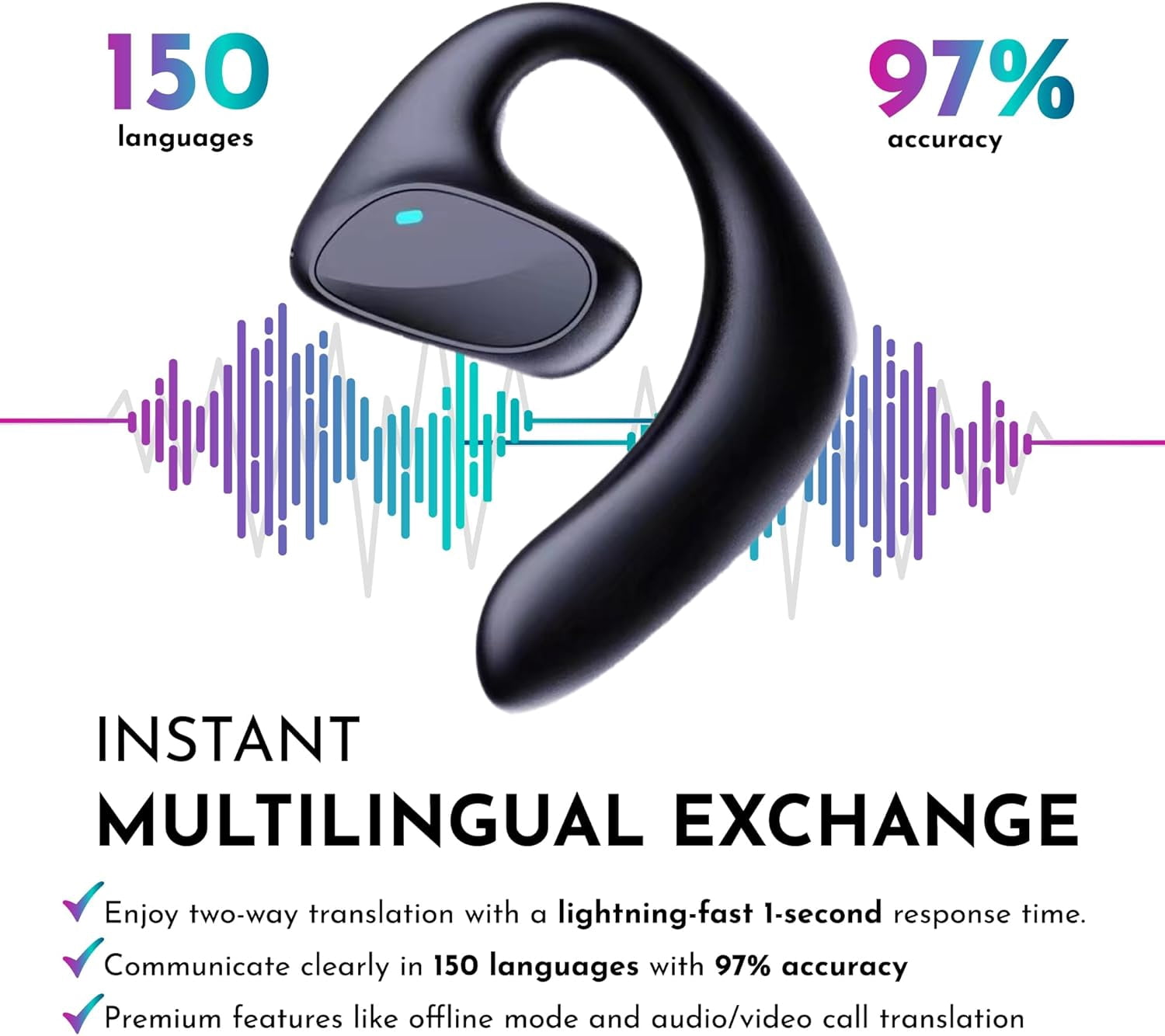 2026 Translation Earbuds Real Time - All Language Translator Headphone Translating Earpiece Device - Wireless Bluetooth Ear Bud Offline Live Translate Earphone Interpreter Open Earpod (Black)
