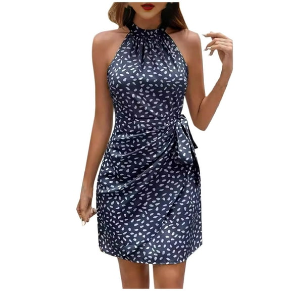 Summer Dresses Sevevn Women's Summer Dress Dot Print Halter Neck Tie Waist Casual Zipper Back Vacation Beach Casual Dresses For Women