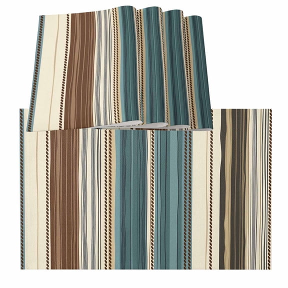 Teal Boho Stripes Modern Bohemia Brown Beige Texture Burlap Kitchen Place Mats Waterproof Cloth Table Mats, Indoor Outdoor Placemats Easy Clean Dinner Decor