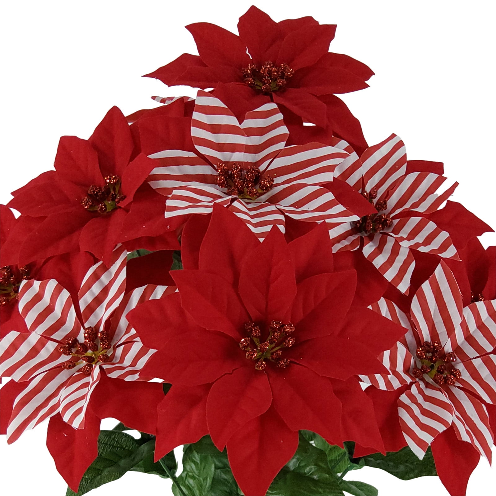 (2 pack) Mainstays 19 in Indoor Artificial Striped Poinsettia Bush, Red Color.