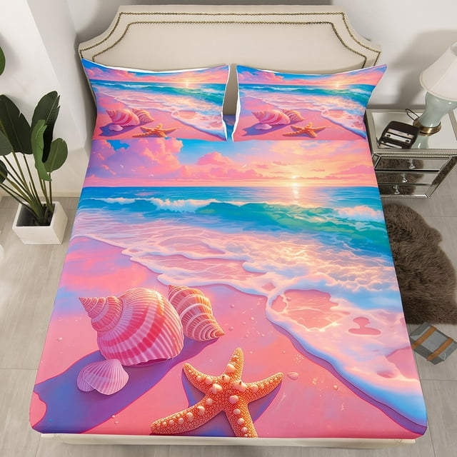 YST Starfish Shell Fitted Sheet Summer Ocean Beach Landscape Bed Sheets Queen,Romantic Style Bed Sheets Set Room Home Decor
