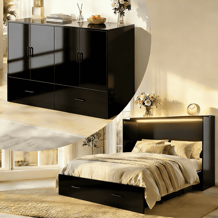 PUREMIND Queen Size Murphy Bed Frame with LED Lights, Murphy Cabinet Bed with Storage Drawer for Bedroom/Office/Guest Room, Black