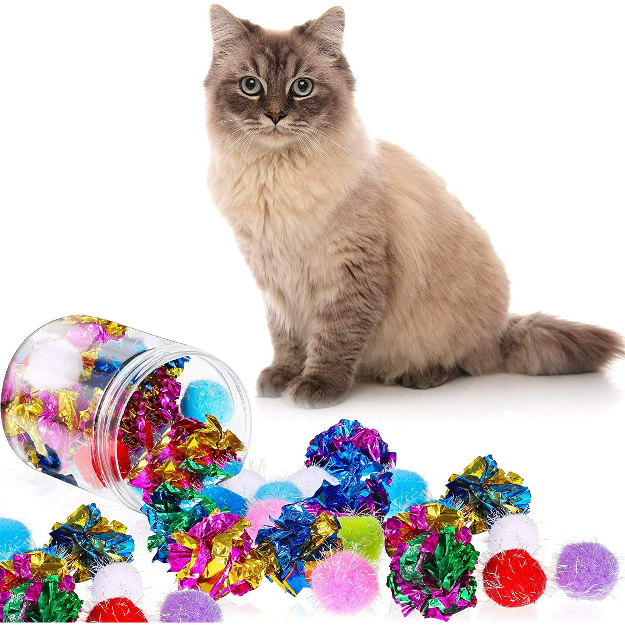 IGUOHAO 20 Pieces Random Glitter Pom Pom IGUOHAO s Cat Toy Pom IGUOHAO s Tinsel IGUOHAO s 12 Pieces Crinkle IGUOHAO s with Plastic Bottle for Kittens