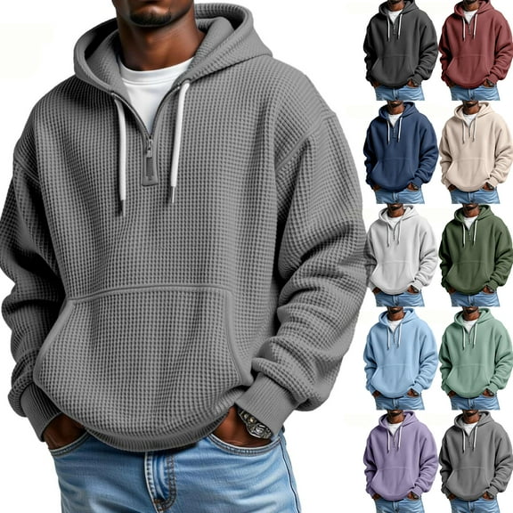 Huankd Oversized Hoodie Men Waffle Knit Quarter Zip Long Sleeve Casual Drop Shoulder Hooded Pullover Sweatshirt Pocket Gray S