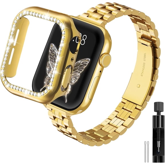 PLUMYHG-Gold Solid Stainless Steel Metal Band Compatible Apple Watch 46mm 45mm 44mm 42mm 41mm 40mm 38mm, Bling Diamond Case for iwatch Strap Bands for Women & Men Series 11 10 9 8 7 6 5 4 3 2 1 SE