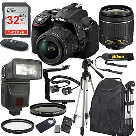Nikon D5300 24.2 MP DSLR Camera (Black) with AF-P DX NIKKOR 18-55mm f/3.5-5.6G VR Lens Bundle includes 32GB Memory + TTL Flash + Deluxe Backpack + Professional