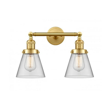 

Satin Gold Tone Bathroom Vanity 16 Wide Clear Glass Steel/Cast Brass Medium Base LED 2 Light Fixture