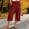 thumbnail image 2 of Side Slit Capris for Women Summer Wide Leg Pants Beach Casual Elastiv Wasited Trousers with Pockets Wine L, 2 of 5