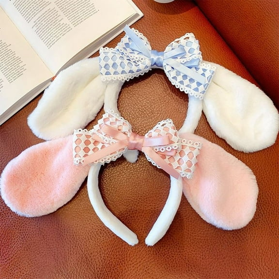 Eoperou Cute Bow Headband with Fuzzy Ears Cosplay Prom Halloween Soft Elastic Hairband for Kids Adults Girls