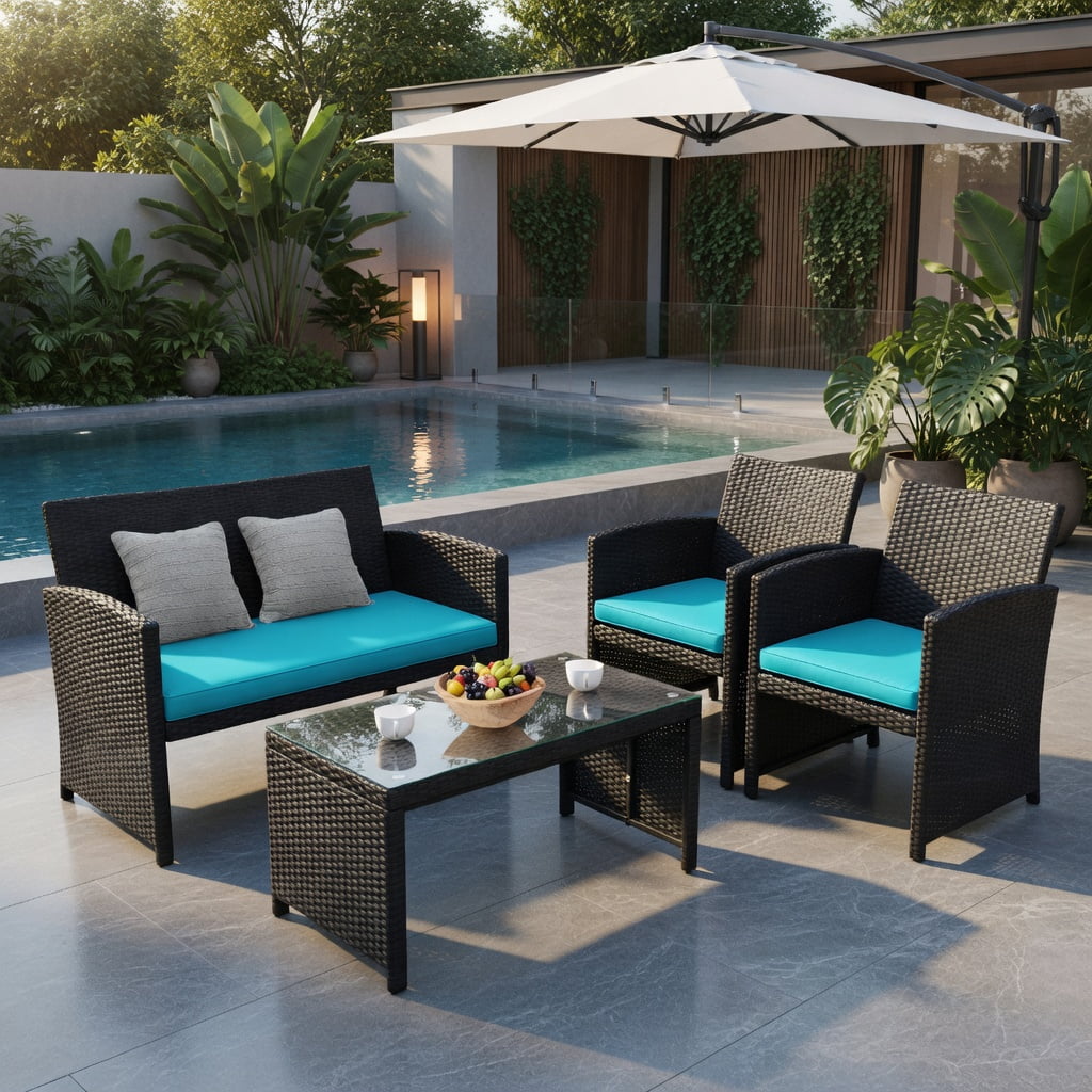 Hommoo 4-Piece Modern Black PE Rattan Patio Furniture Set with Weather-Resistant Cushions, Tempered Glass Coffee Table, Loveseat & 2 Single Sofas for Backyard, Poolside & Balcony, Turquoise