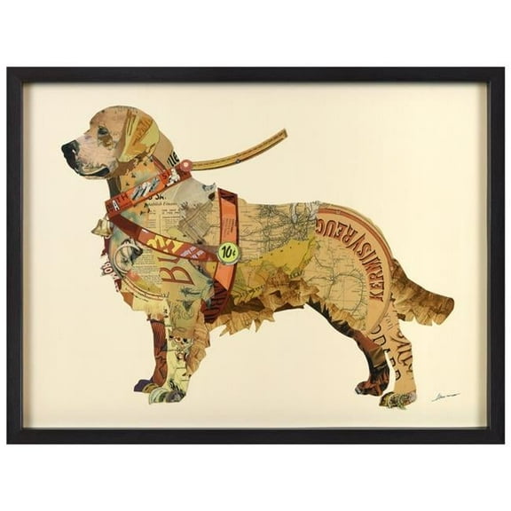 "Golden Retriever" Hand-made dimensional art collage, under glass, encased on a black shadow box frame, signed by EAD Co-op artist Alex Zeng