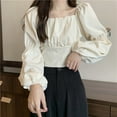 thumbnail image 4 of Whataatahia Top de mujer con cuello cuadrado, busto plisado, manga larga acampanada, lazo trasero, blusa de mujer para cena, fiesta, albaricoque M, 4 of 8