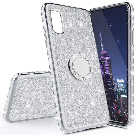 Samsung Galaxy A02 /Galaxy M02 Phone Case,Glitter Sparkle Bling w/Kickstand Case Shiny Crystal Rhinestone Diamond 360 Degree Ring Grip Magnetic Phone Cover for Samsung Galaxy A02 HH Silver