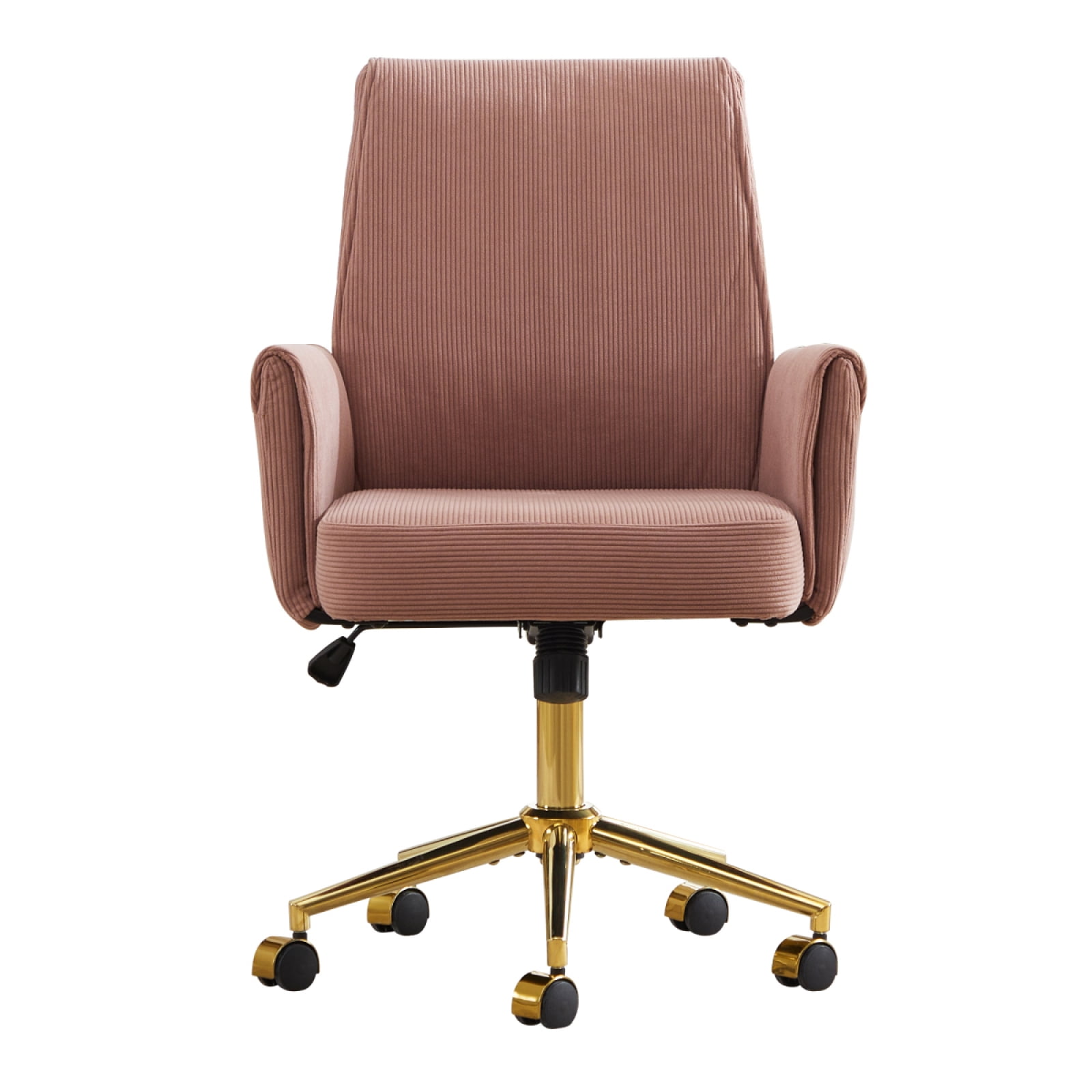 Stripes Corduroy 360° Swivel Desk Chair, Gold Base Adjustable Height Home Office Armchair with Wheels, Ergonomic Mid-Back Comfy Computer Chair for Home Study Living Room Bedroom, Light Pink
