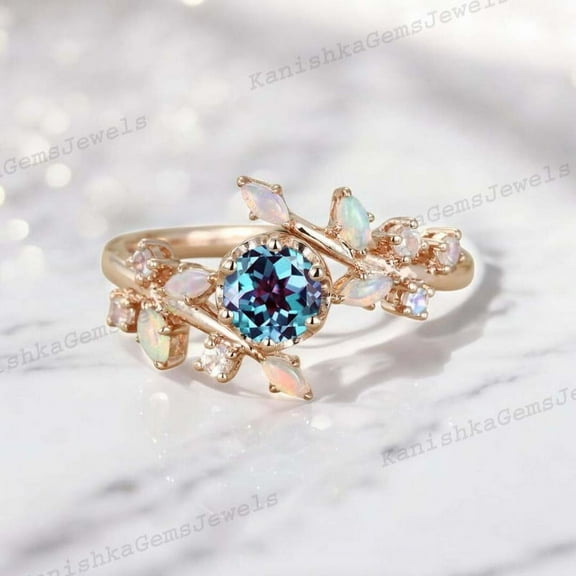 KANISHKAGEMS&JEWELS 2 Ct 6mm / Round Shape Alexandrite Promise Ring Opal Leaf Twig Women Jewelry June Birthstone Ring Engagement Gift For Her
