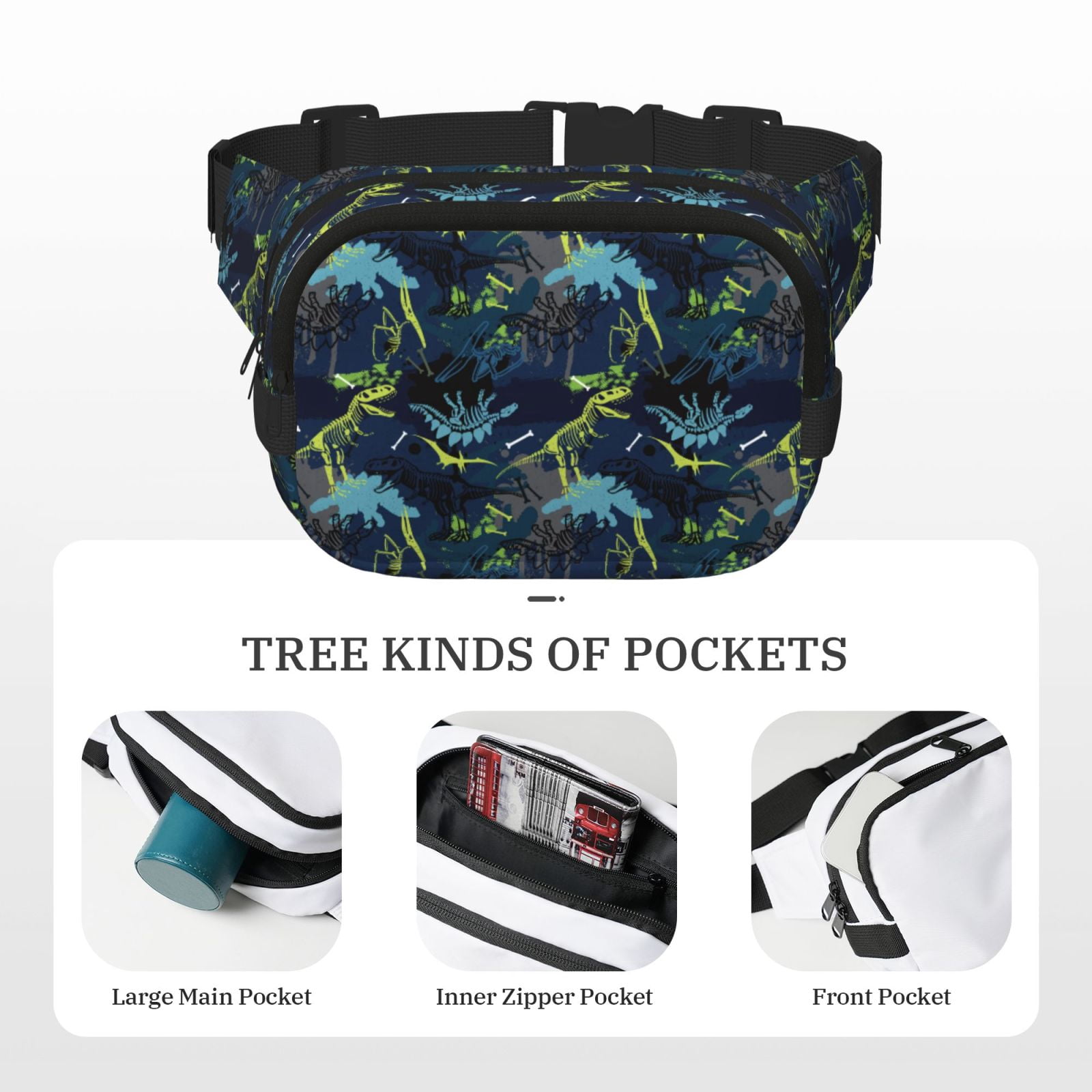 Fuzoiu Cartoon Dinosaur Print Unisex Square Double Layer Waist Bag,Crossbody Fanny Pack Travel Workout Accessory