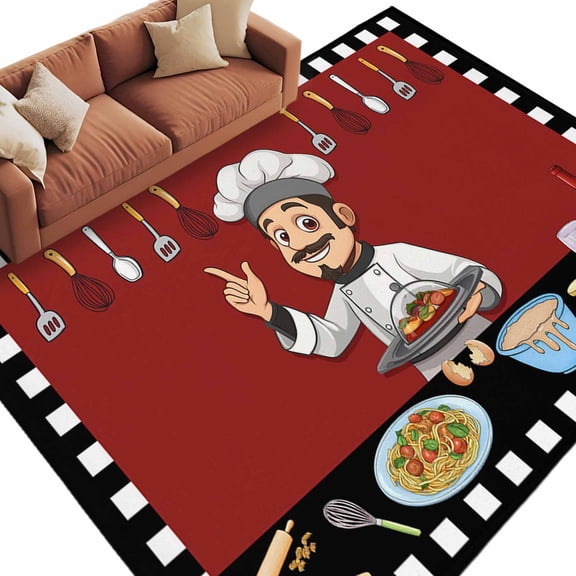 Kitchen Chef Area Rug 5x8ft Knife And Fork Food Non-Slip Washable Square Rugs Soft Felt Indoor Floor Mat for Bedroom Kitchen Living Room Bathroom