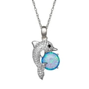 Brilliance Fine Jewelry Sterling Silver Cubic Zirconia and Created Opal Dolphin Pendant, 18" Chain