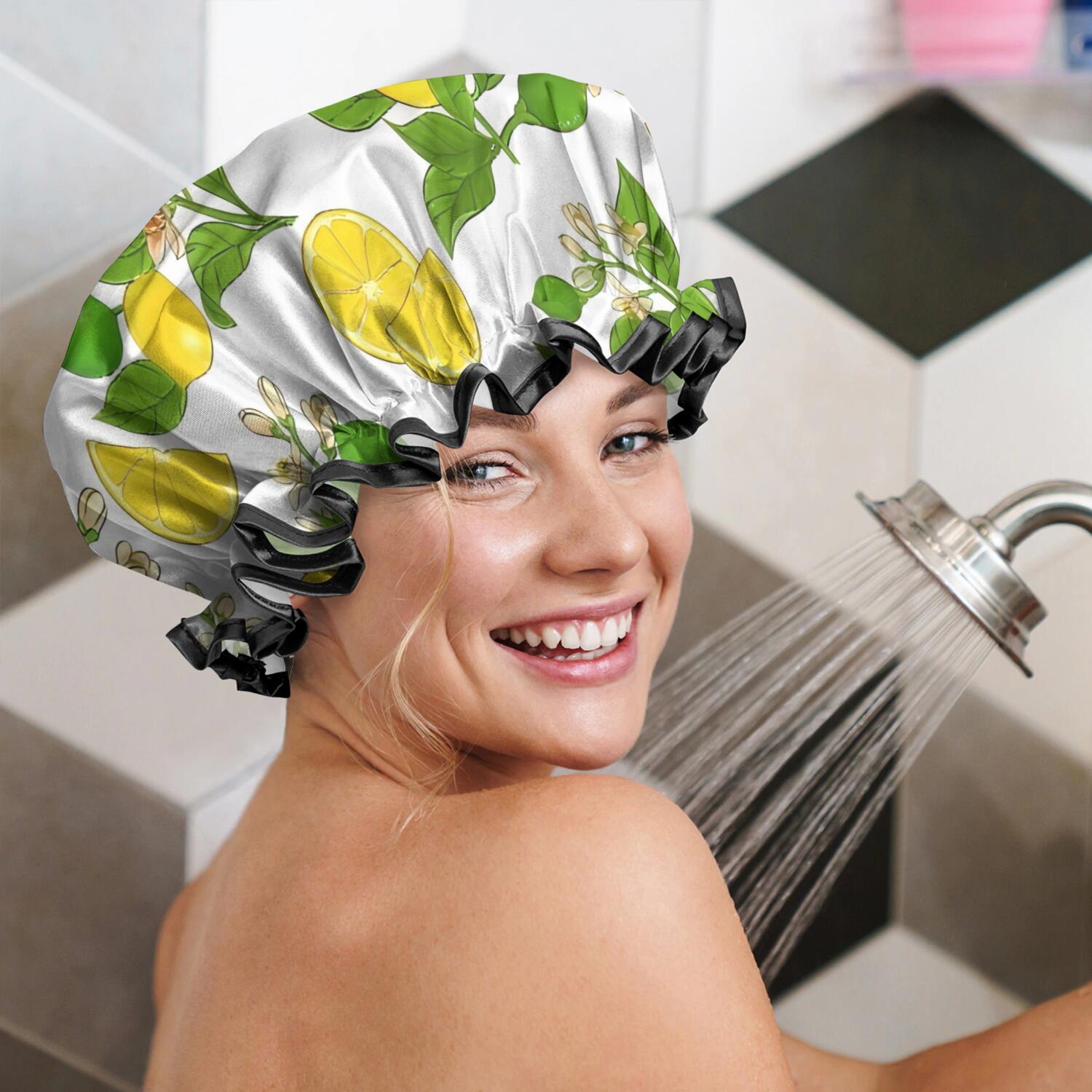 Shower Caps,Yellow Lemon Fruit Limes White Pattern Waterproof Shower Cap for Women 4 Pieces,Double Reusable Hair Cover for Shower PEVA Elastic Stretch Hem
