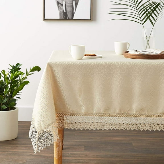 Violet Linen Legacy Cobblestone Design, Macrame Lace Border, Polyester Jacquard, Beige, 70 Inch by 120 Inch, Seats 10 to 12 Pepole, Rectangle Tablecloths