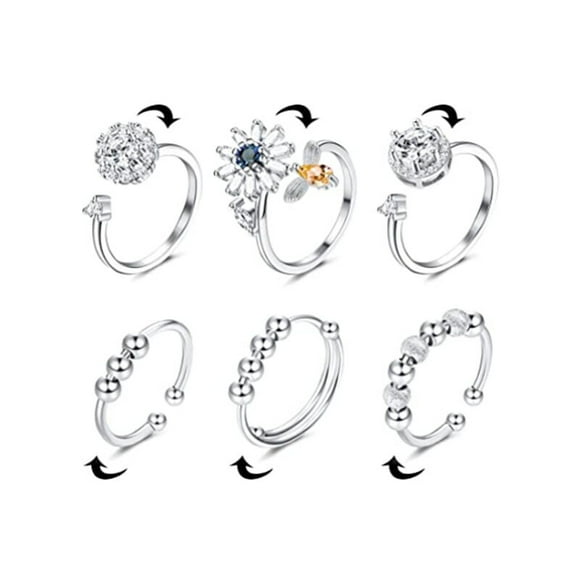 6 Pcs Anneaux d'Anxiété Fidget pour Femmes Hommes Spinner Fidget Ajustable Rotatif Apaisant Anneau de Méditation avec Perles Ensemble