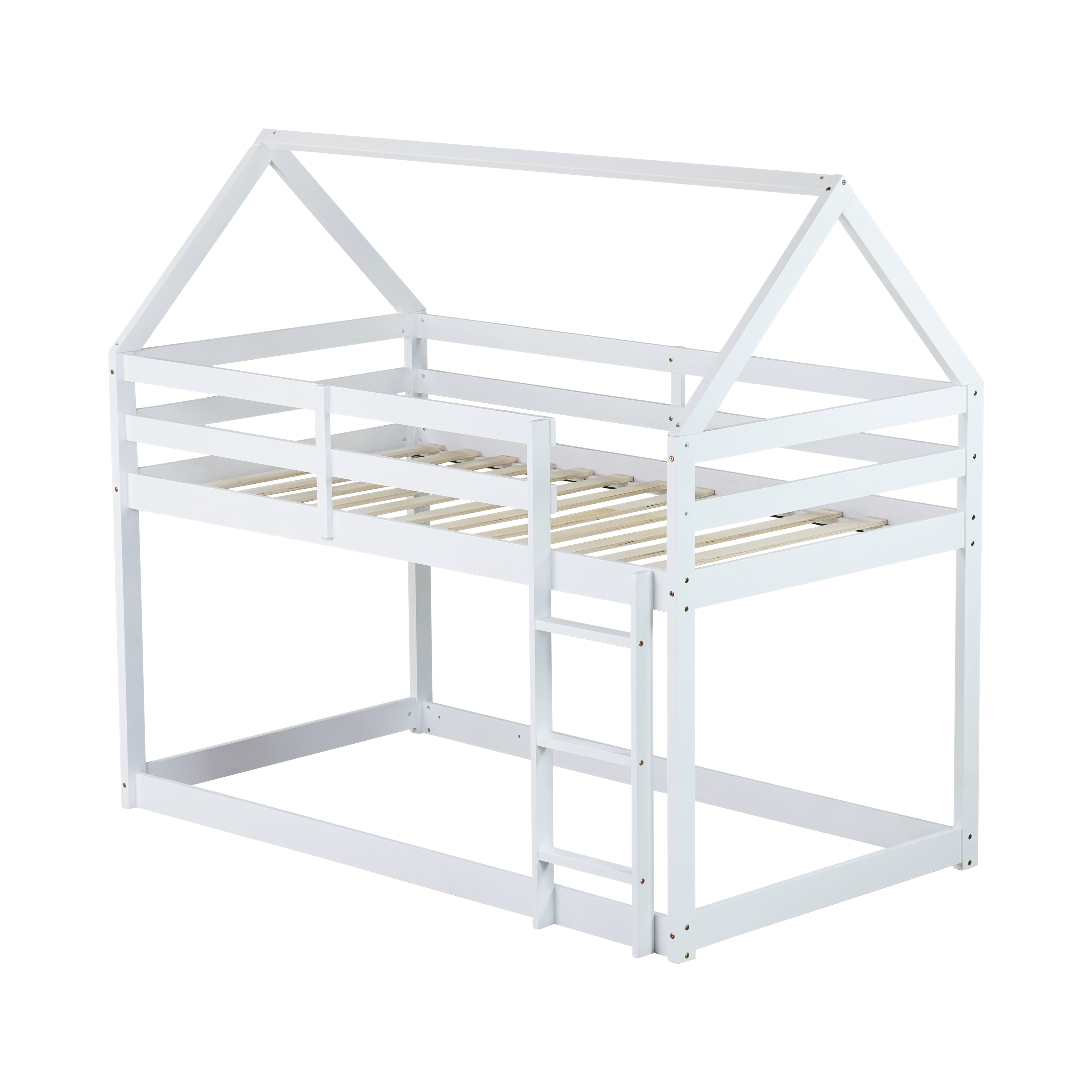 Miniyam Wood Twin over Twin Bunk Bed, House-Shaped Design for Kids and Teens, White