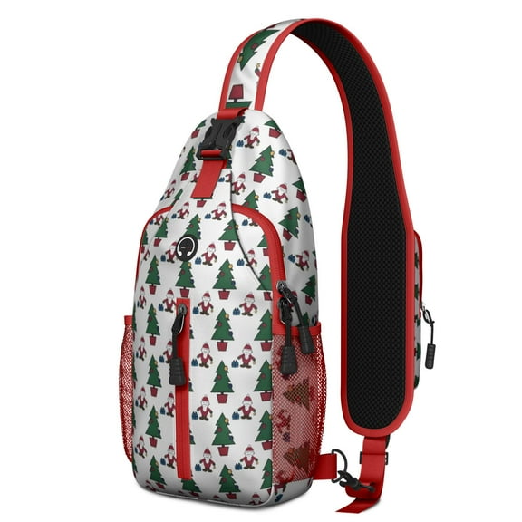 Sling Backpack,White Christmas Santa and Tree Pattern Crossbody Bag with Water Bottle Holder,Waterproof Sling Bag for Men/Women with Chest Phone Holder for Hiking,Travel