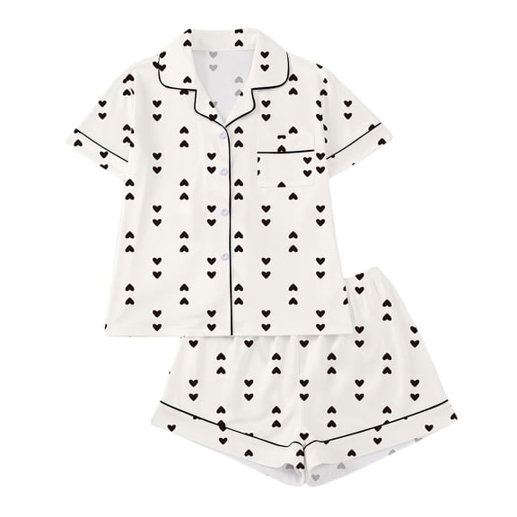 Jamicy Womens Summer Pajamas Sets Valentine's Day Gift Cute Heart Print Pj Set Button-Down Short Sleeve Top with Shorts Sleepwear