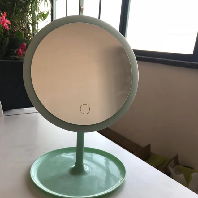 OULII 1Pack Green Plastic Glass Metal Round Vanity Mirror For Makeup With Led Lighting For Women