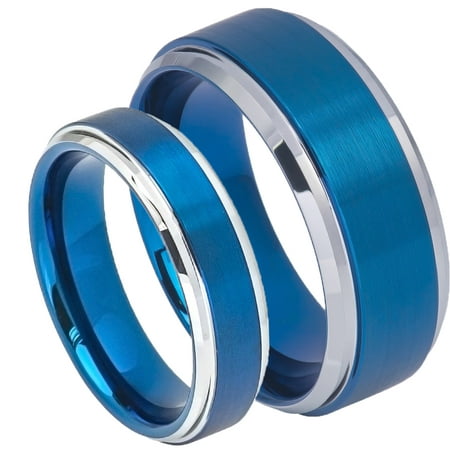 His & Her's 8MM/6MM Step Edge Blue IP Plating Brushed Finish Tungsten Carbide Wedding Band Ring