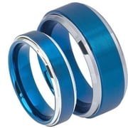 Matching Mens and Ladies Step Edge Blue IP Plating Brushed Finish Tungsten Carbide Wedding Band Ring Set
