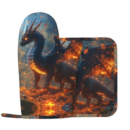 

Autumn Maple Leaf Fire Dragon B Oven Mitts and Pot Holders Sets Heat Resistant Silicone Oven Mitts Pot Holders for Kitchen Cooking Baking Non-Slip Oven Gloves Hot Pads Potholders