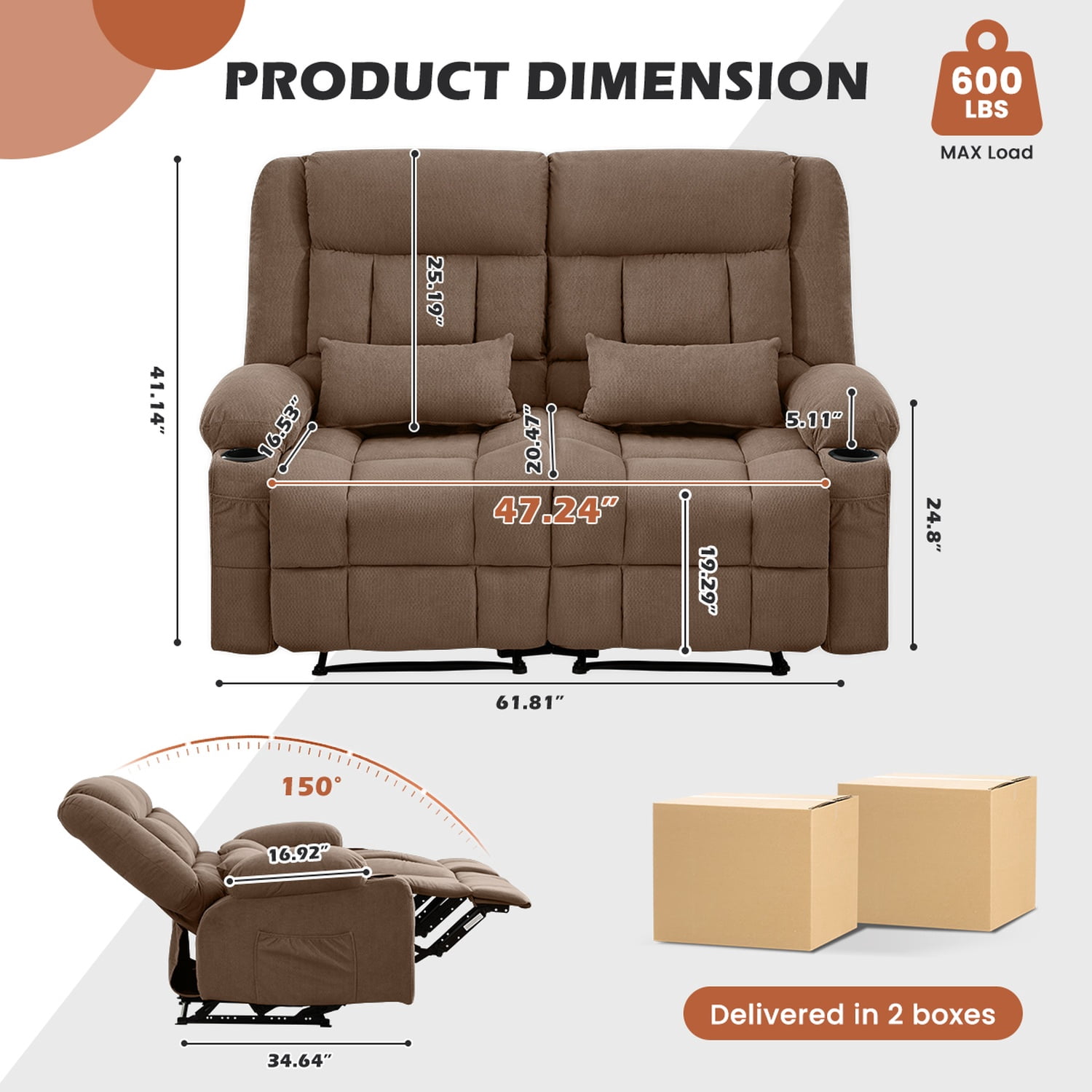 Alvantor Loveseat Recliner Sofa for Adults with Cup Holders, Modern Overstuffed Manual Sofa Chair for Home Theater Brown