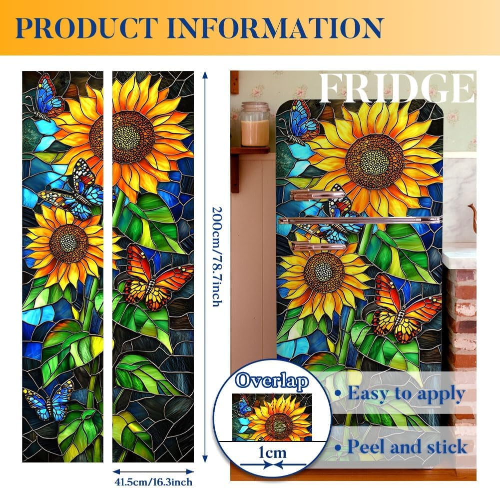 2 Sheet Sunflower Removable Refrigerator Wraps Self-Adhesive Fridge Stickers Peel and Stick Vinyl Fridge Decals Sticker