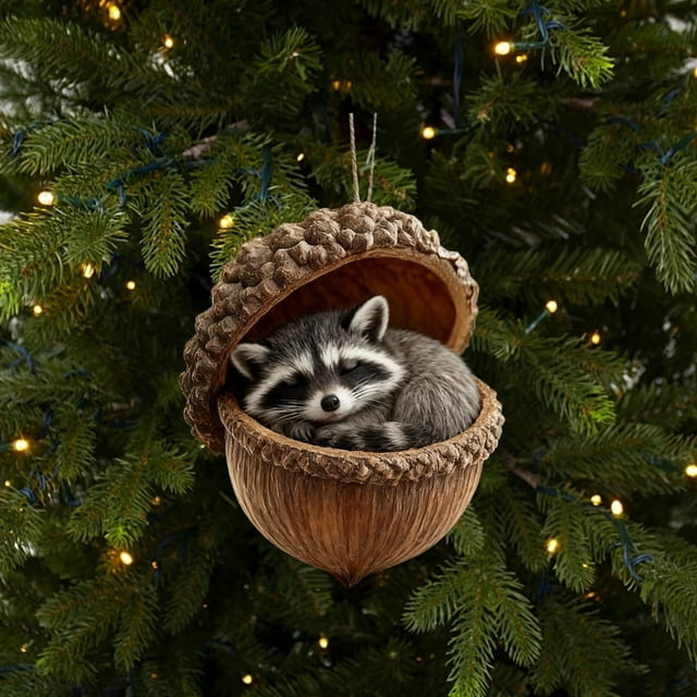 Uklsqma Forest Christmas Ornaments Set of 9 | Handmade Resin Animal Acorn Decorations with Hedgehog Raccoon Penguin Designs | Durable Realistic Textured Hanging Tree Accents for Holiday Decor Gifts