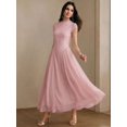 thumbnail image 3 of Womens Elegant Pink High Neck Cap Sleeve A-Line Long Pleated Dress, 3 of 6