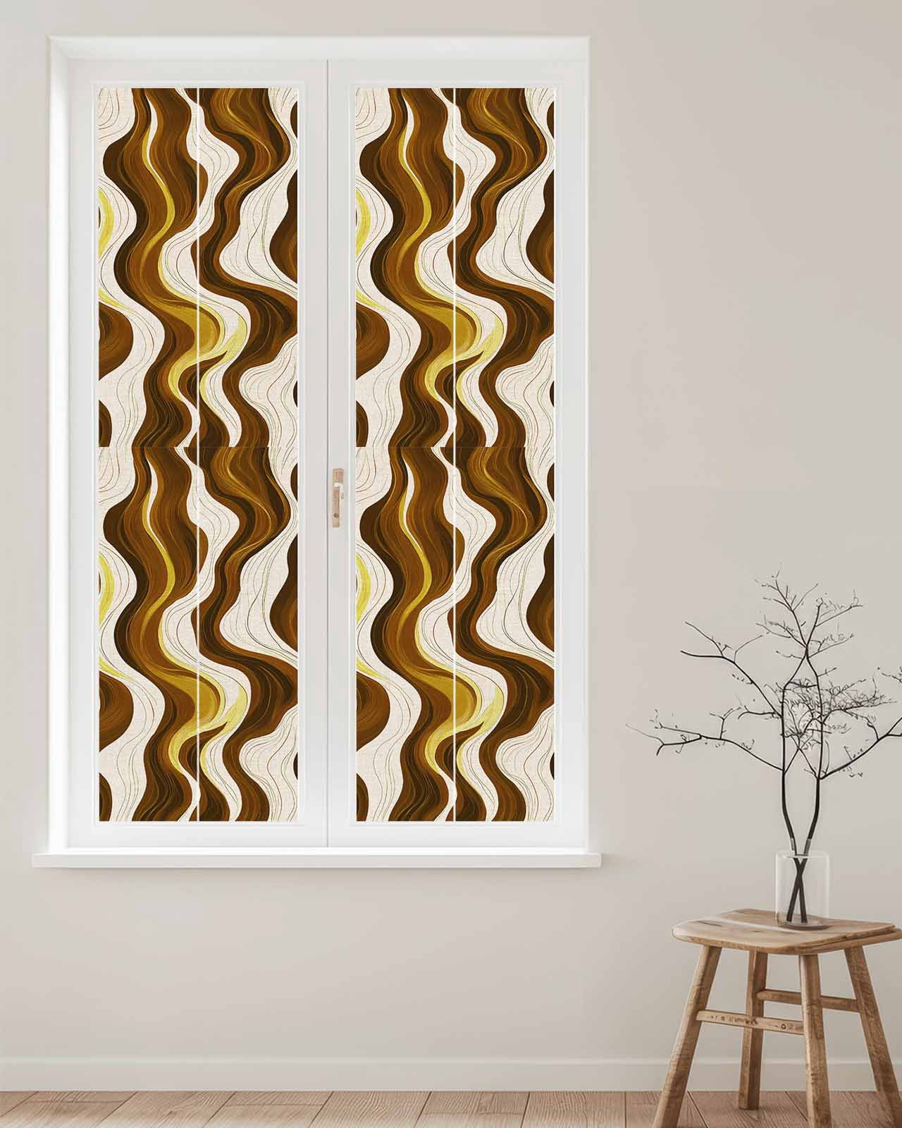 Window Privacy Film Geometric Brown Stained Glass Window Film Decorative Sun Block Window Cover Gold Vintage White Stripe Coastal Sea Wave Window Clings Static Sticker for Bathroom 17.7"x78.7"